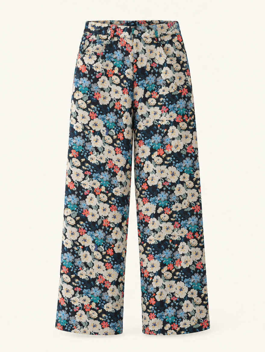 YUSHE High-Rise Printed Pants, Blue Floral Motif - Main