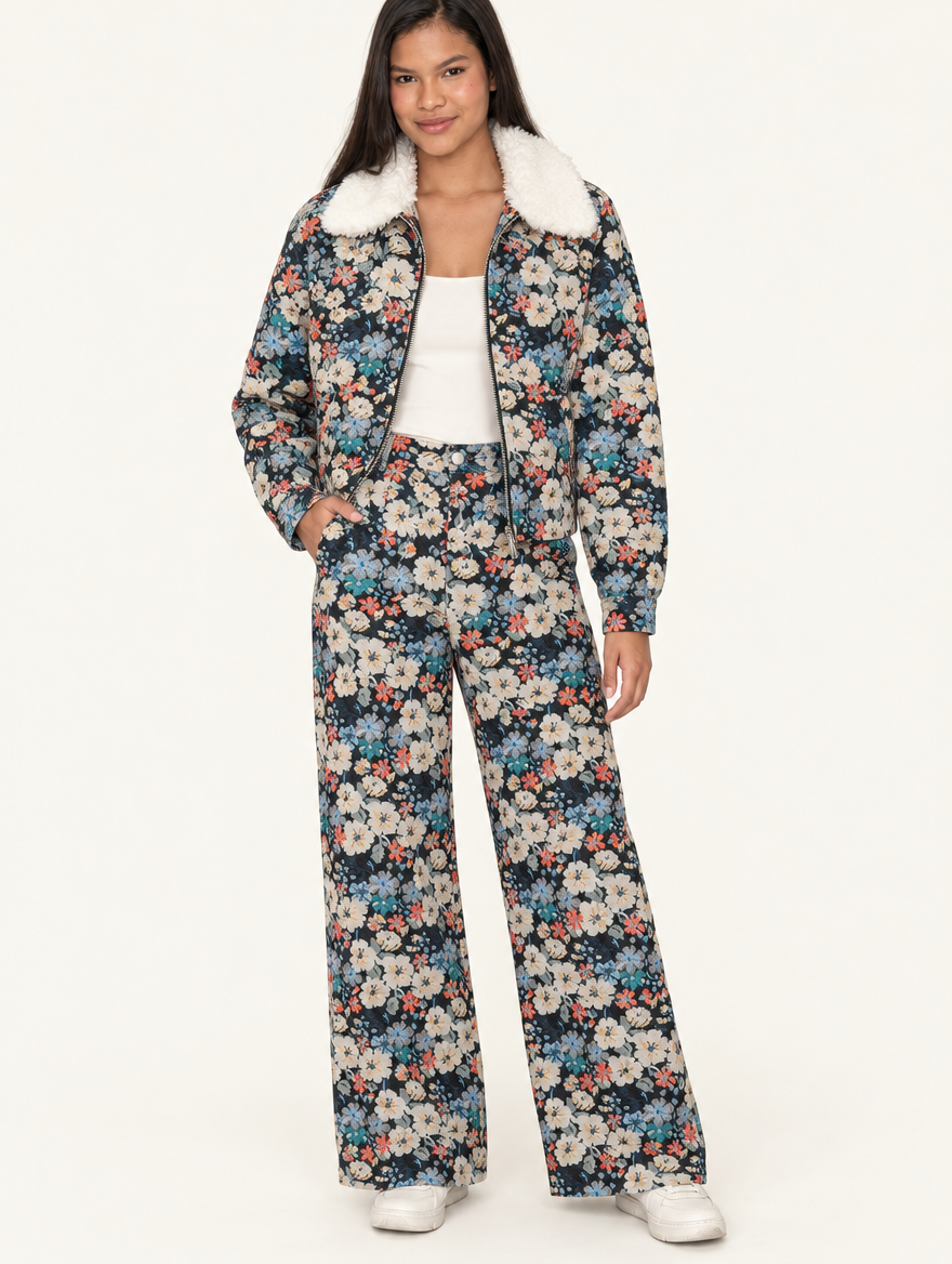 YUSHE High-Rise Printed Pants, Blue Floral Motif - Model front