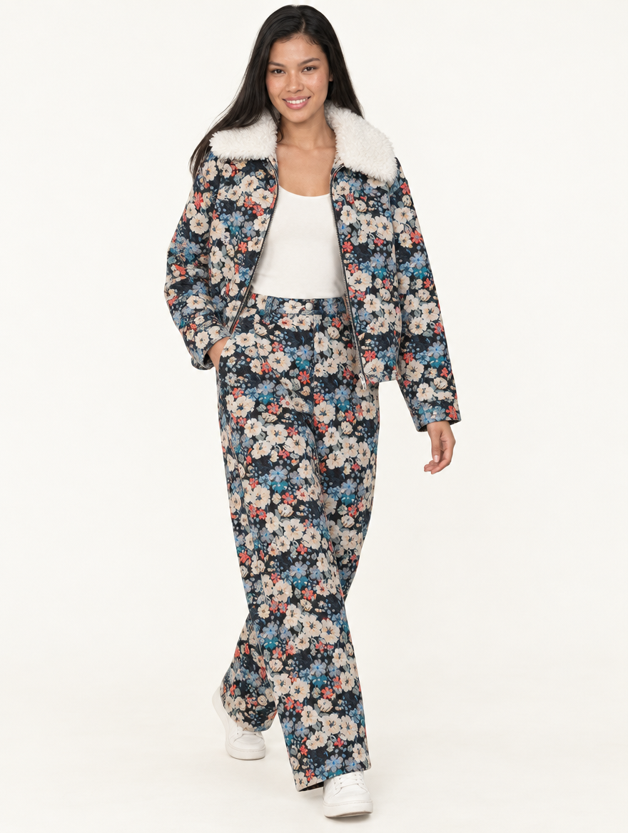 YUSHE High-Rise Printed Pants, Blue Floral Motif - Model alternate