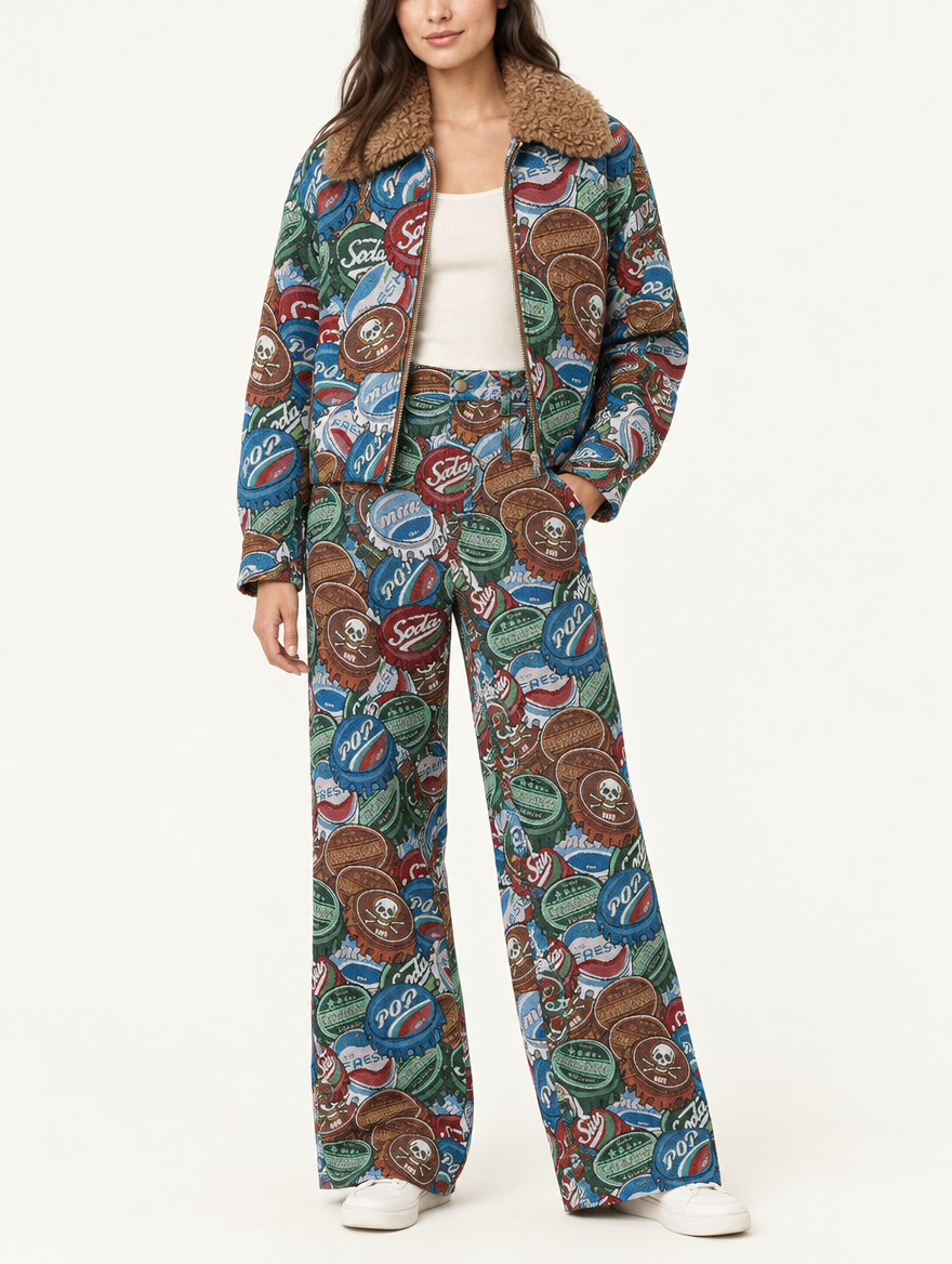 YUSHE High-Rise Printed Pants, Brown Bottle Cap Motif - Model front