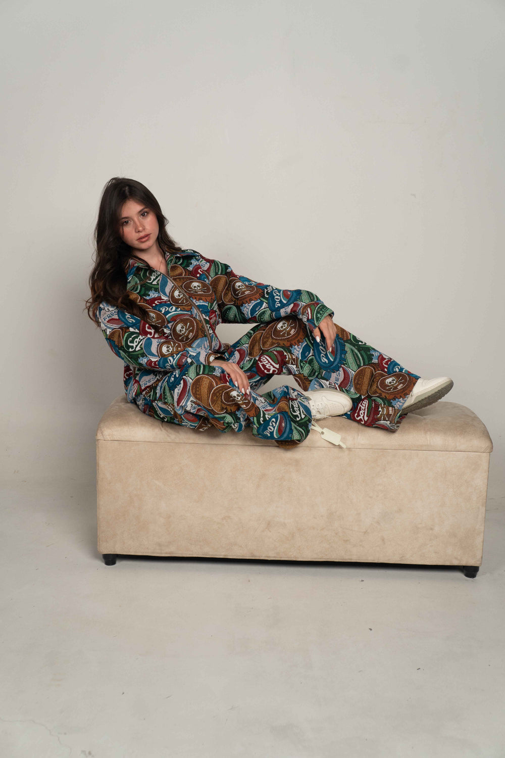 YUSHE High-Rise Printed Pants, Brown Bottle Cap Motif - Seated fit