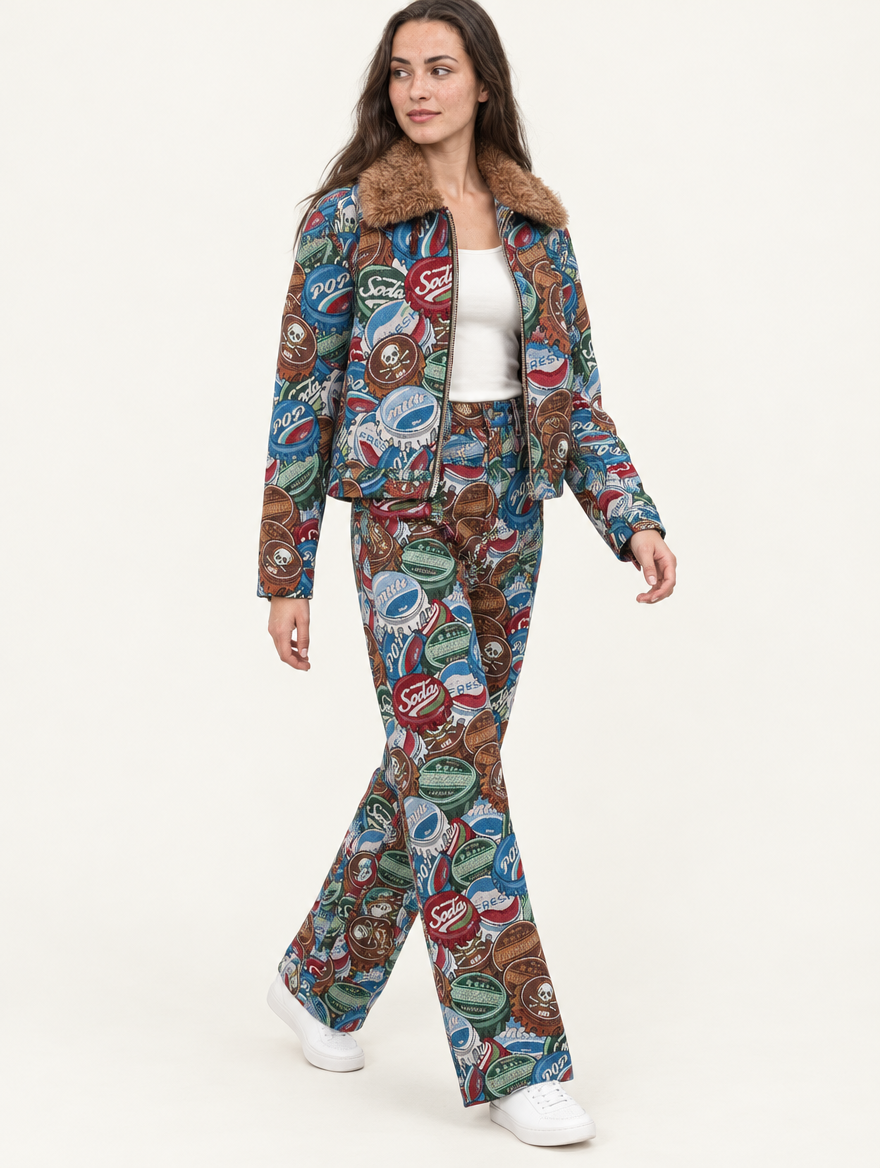 YUSHE High-Rise Printed Pants, Brown Bottle Cap Motif - Model alternate