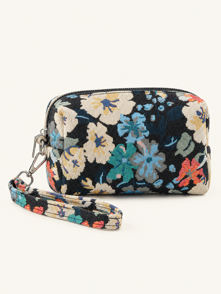 YUSHE Canvas Mini Pouch for Women, Blue Floral - Main