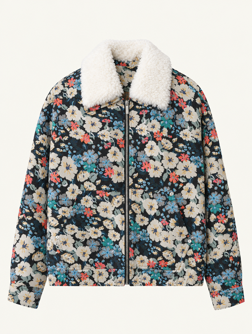 YUSHE Zip-Up Jacket with Detachable Faux Fur Collar, Blue Floral Motif - Main