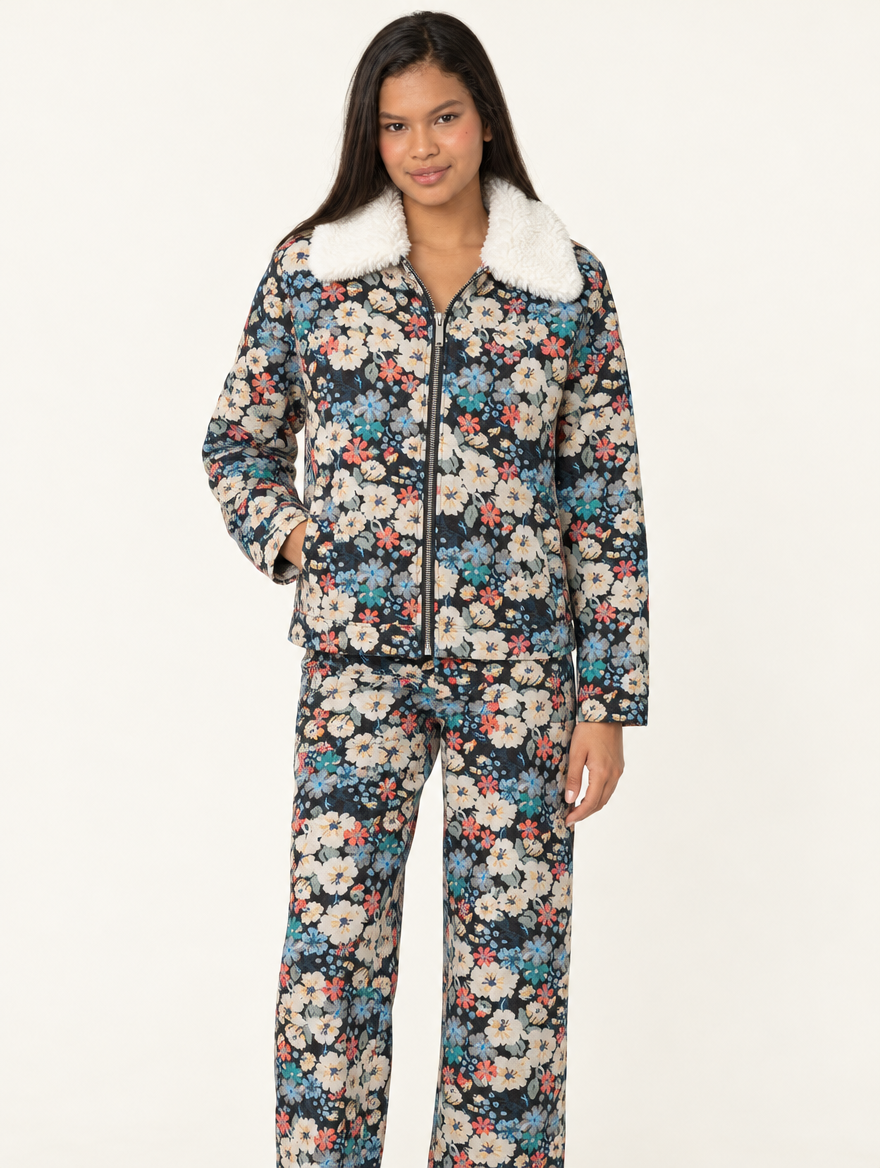 YUSHE Zip-Up Jacket with Detachable Faux Fur Collar, Blue Floral Motif - Model