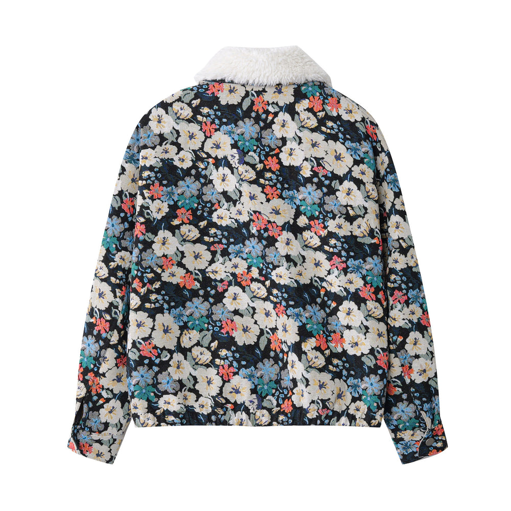 YUSHE Zip-Up Jacket with Detachable Faux Fur Collar, Blue Floral Motif - Jacket back