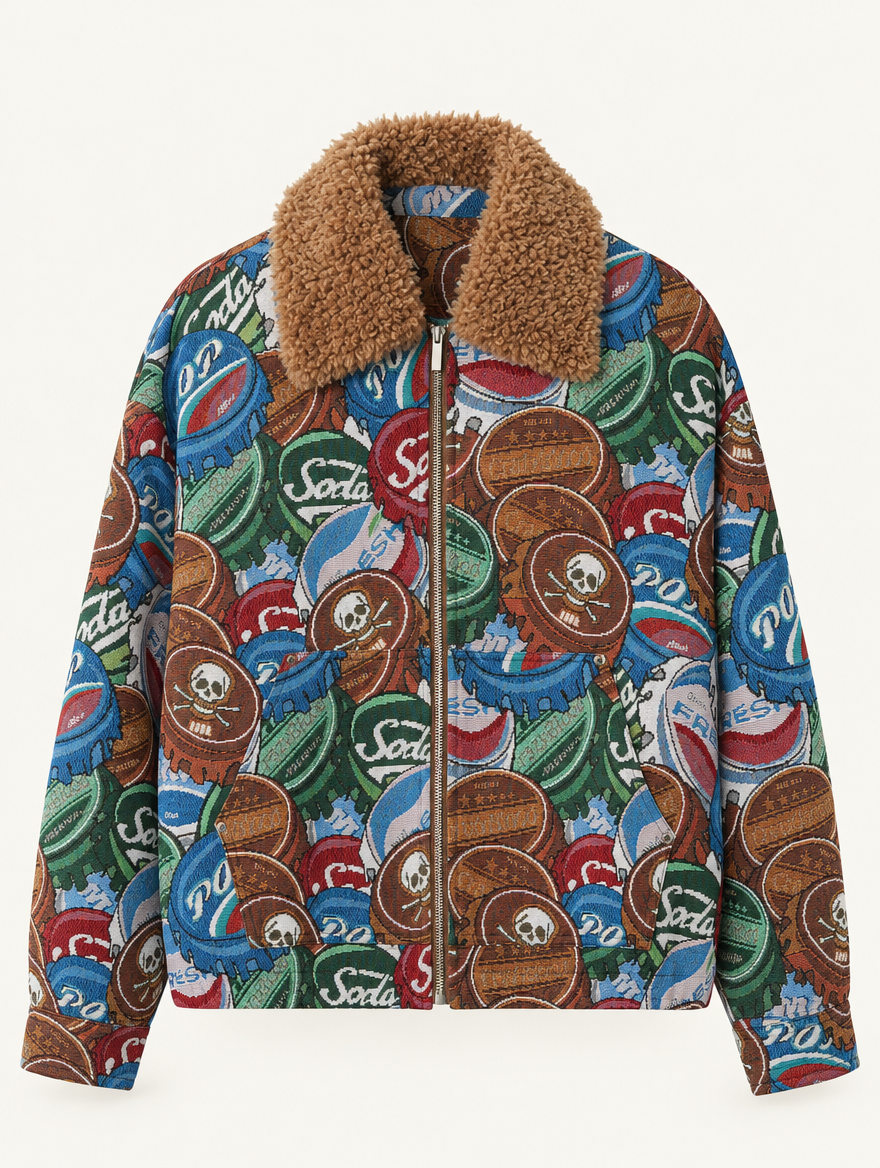 YUSHE Zip-Up Jacket with Detachable Faux Fur Collar, Brown Bottle Cap Motif - Main