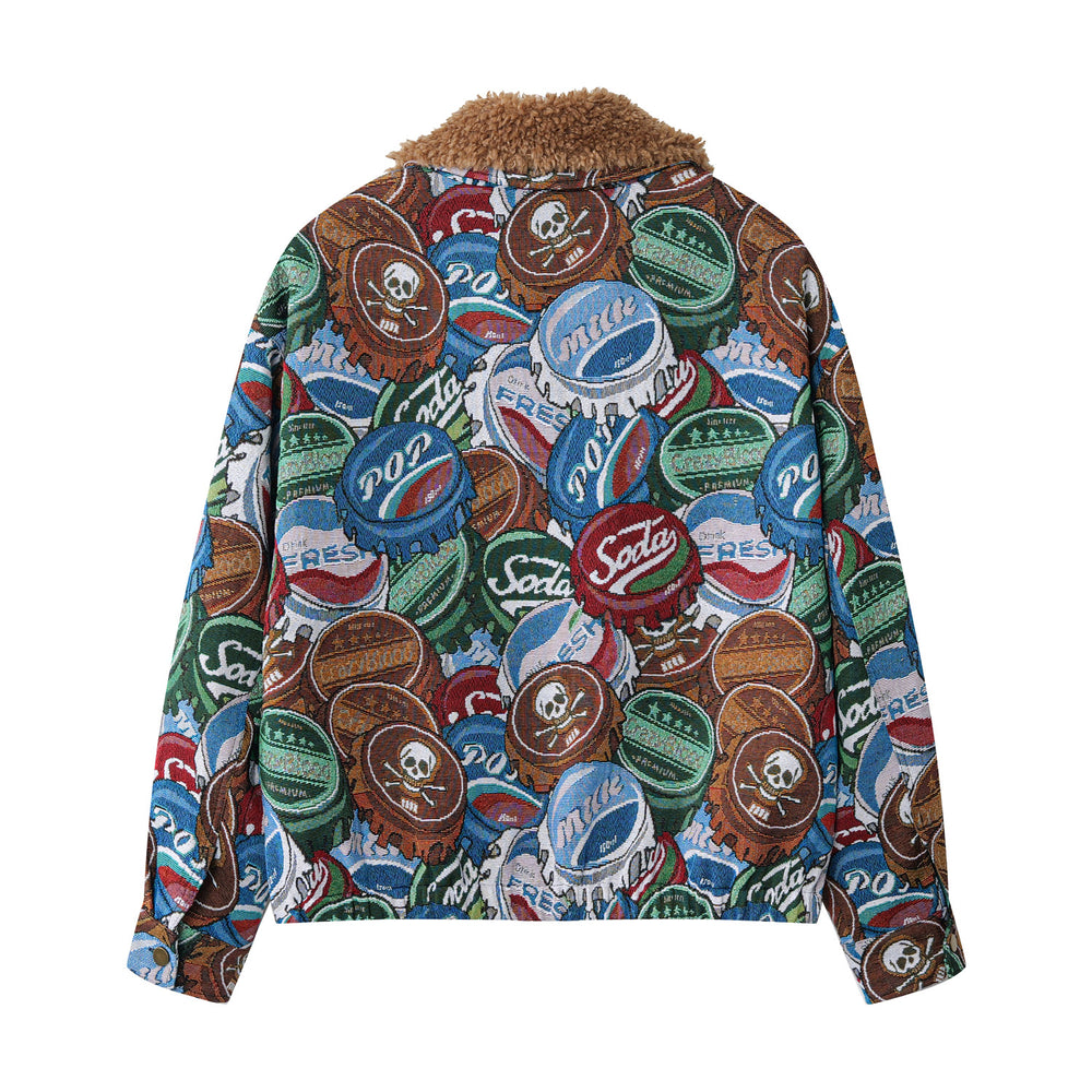 YUSHE Zip-Up Jacket with Detachable Faux Fur Collar, Brown Bottle Cap Motif - Jacket back