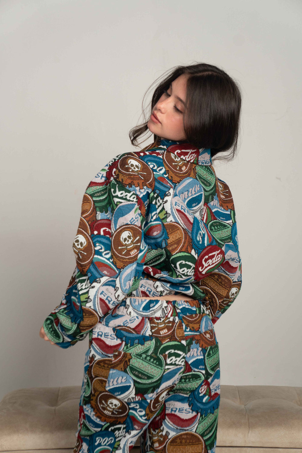YUSHE Zip-Up Jacket with Detachable Faux Fur Collar, Brown Bottle Cap Motif - Without fur collar