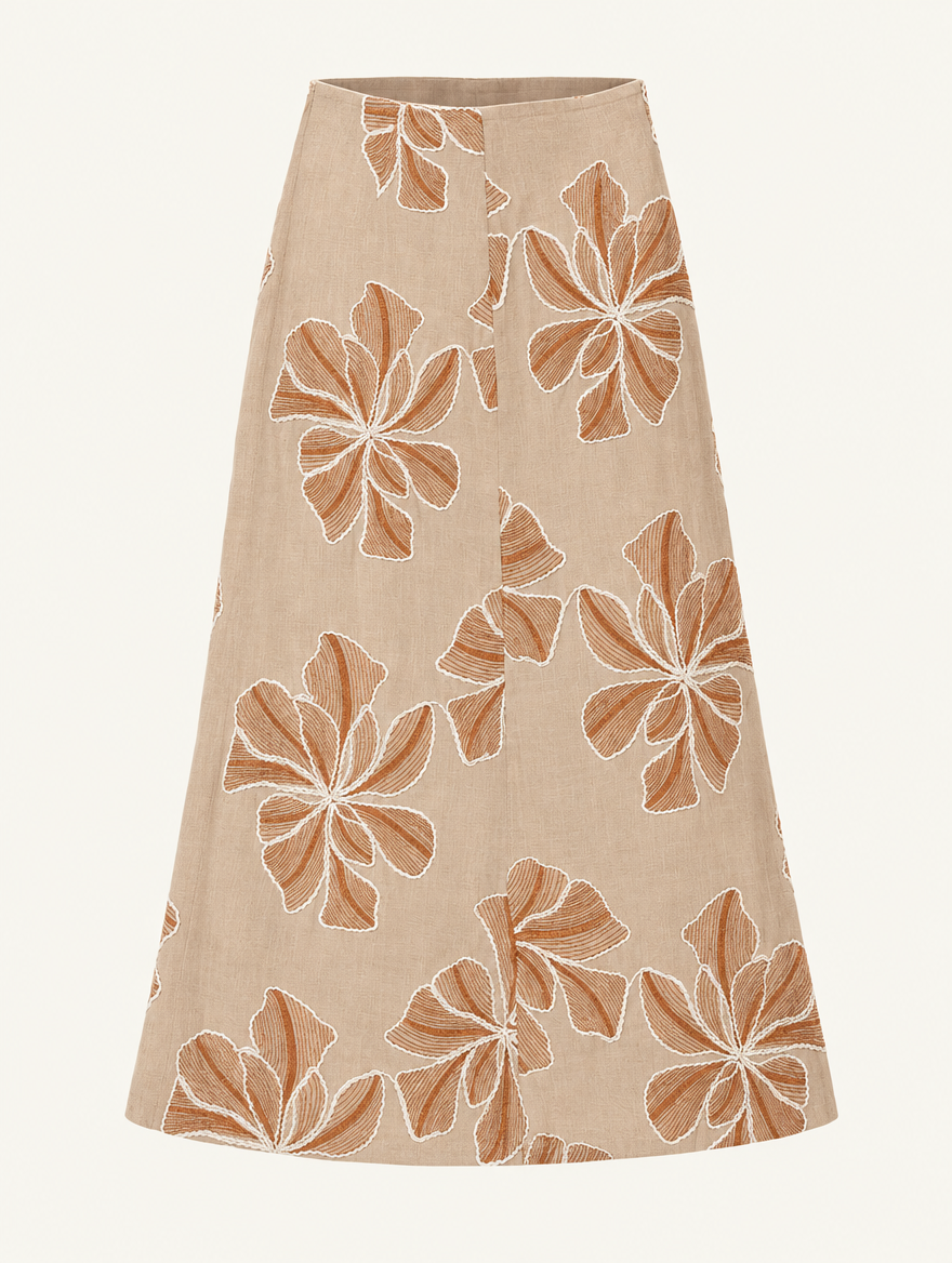 YUSHE Floral Embroidered A-Line Skirt, Beige - Main - product only