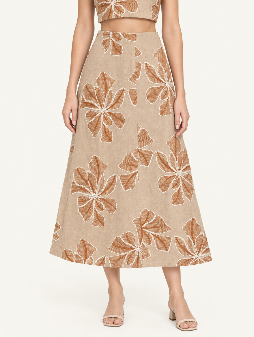 YUSHE Floral Embroidered A-Line Skirt, Beige - Hover - model