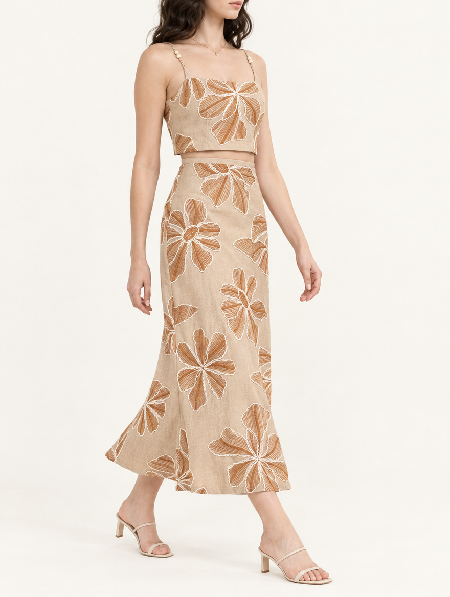 YUSHE Floral Embroidered A-Line Skirt, Beige - Additional model angle
