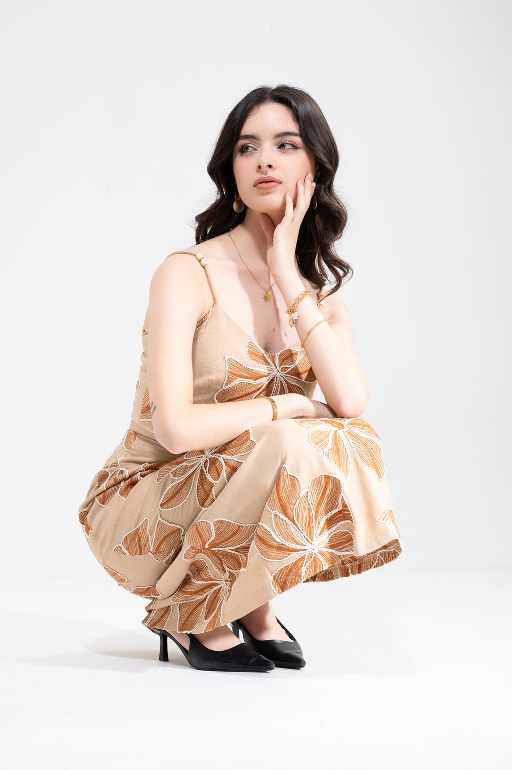 YUSHE Floral Embroidered A-Line Skirt, Beige - Crouching model view