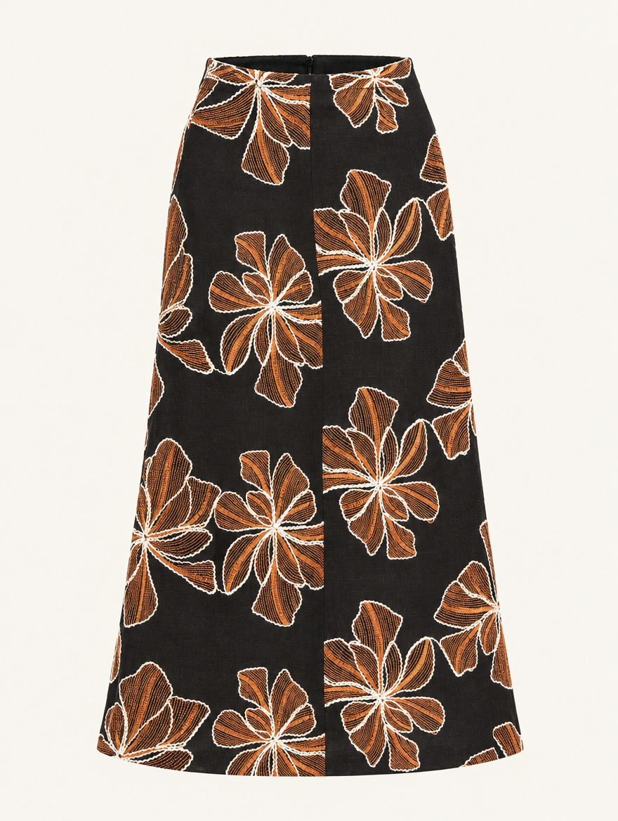 YUSHE Floral Embroidered A-Line Skirt, Black - Main - product only
