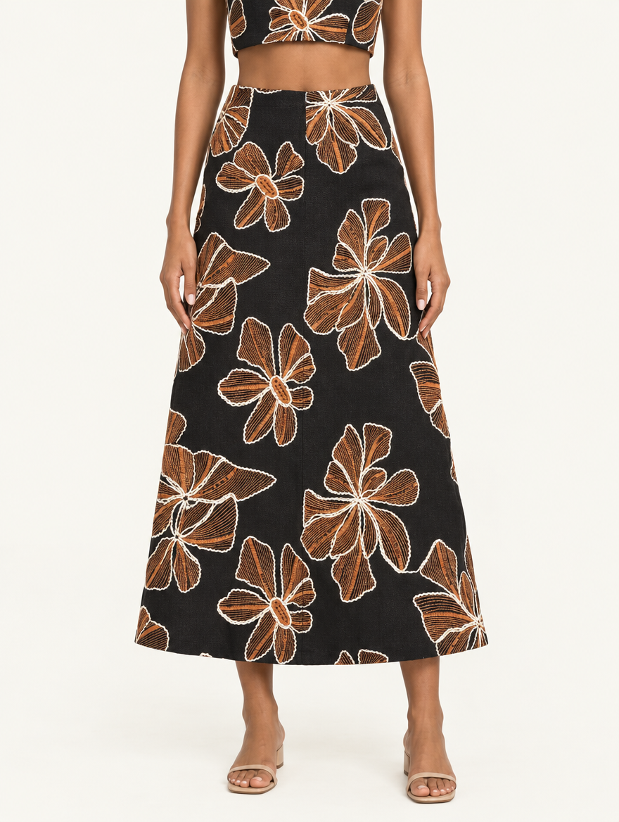 YUSHE Floral Embroidered A-Line Skirt, Black - Hover - model