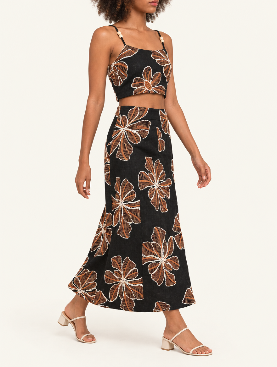 YUSHE Floral Embroidered A-Line Skirt, Black - Additional model angle