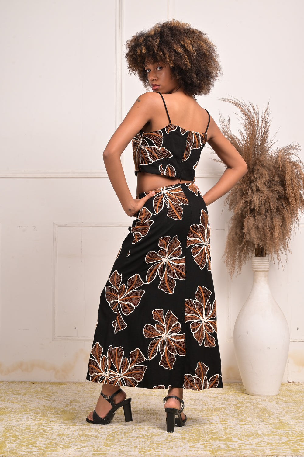 YUSHE Floral Embroidered A-Line Skirt, Black - Back fit