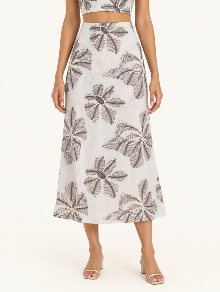 YUSHE Floral Embroidered A-Line Skirt, White - Hover - model