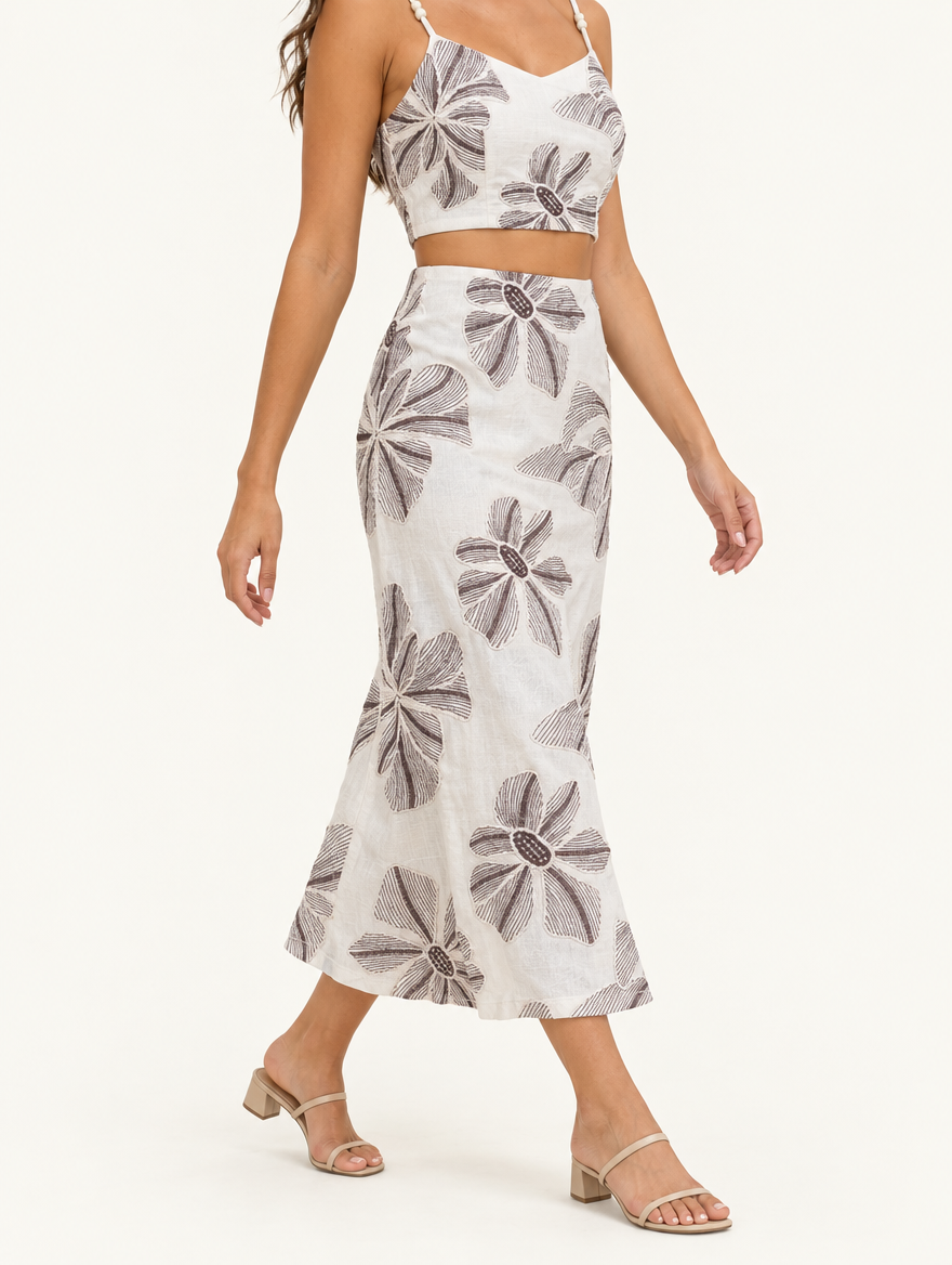 YUSHE Floral Embroidered A-Line Skirt, White - Additional model angle