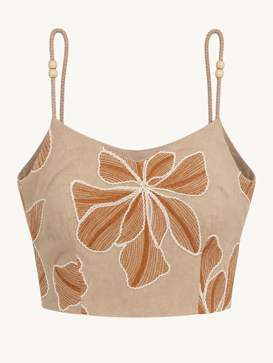 YUSHE Floral Embroidered Crop Top, Beige - Main - product only