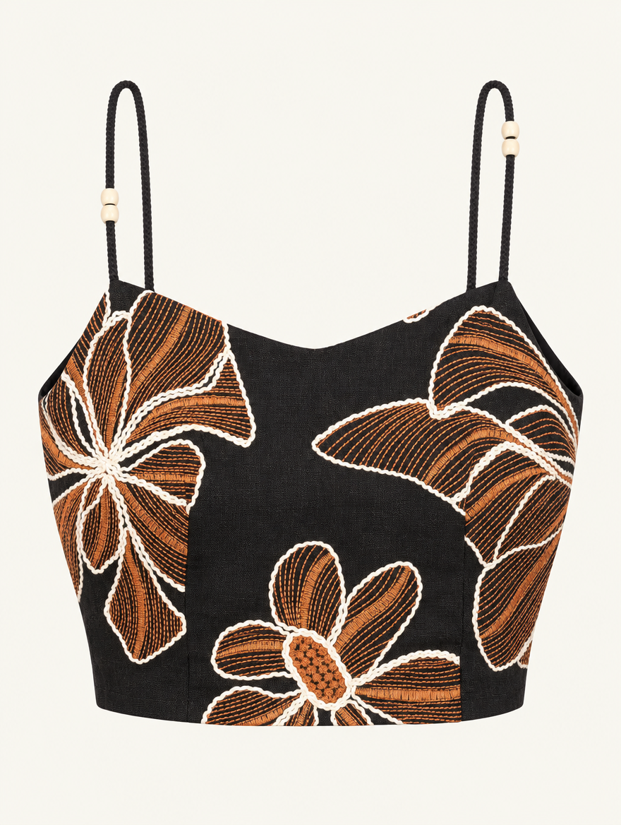YUSHE Floral Embroidered Crop Top, Black - Main - product only
