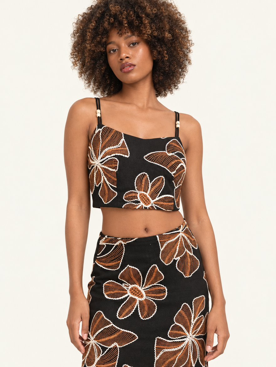 YUSHE Floral Embroidered Crop Top, Black - Hover - model