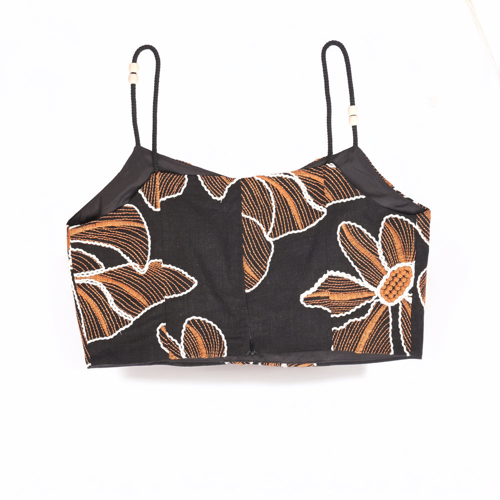 YUSHE Floral Embroidered Crop Top, Black - Back and closure