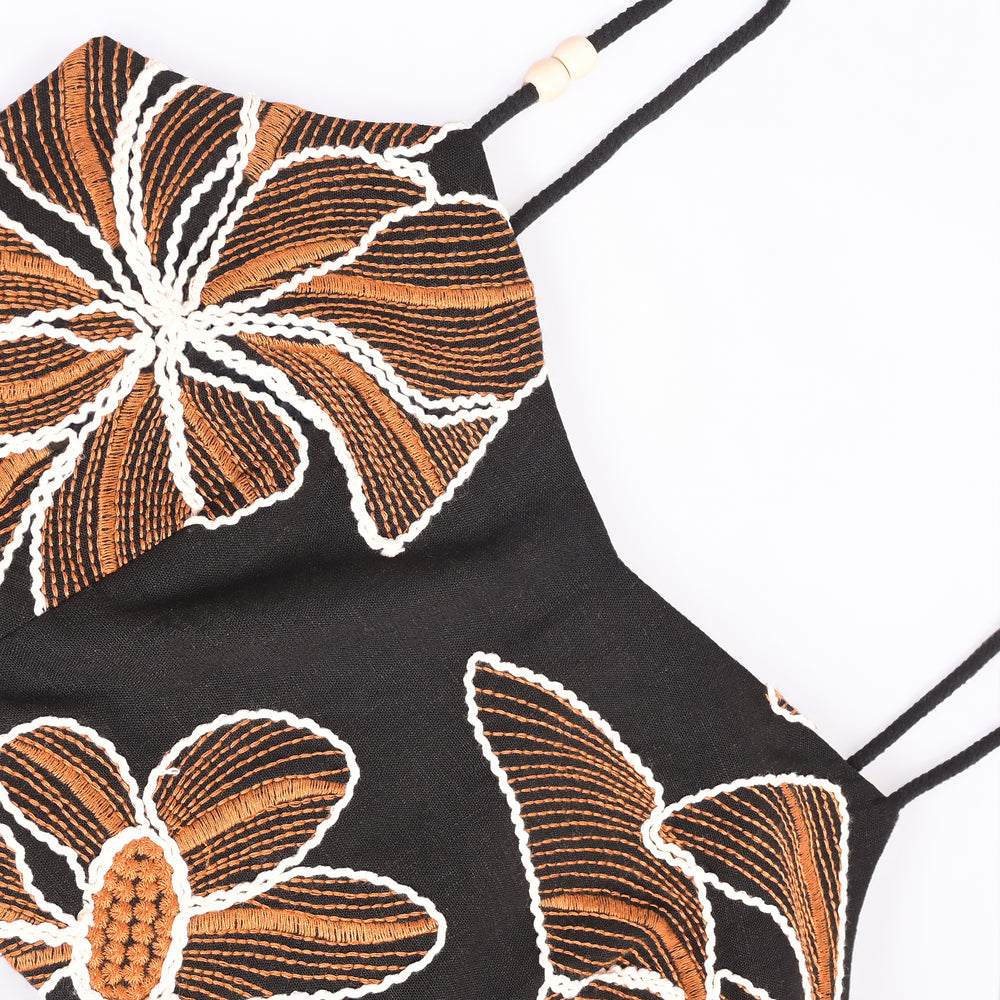 YUSHE Floral Embroidered Crop Top, Black - Beaded strap detail