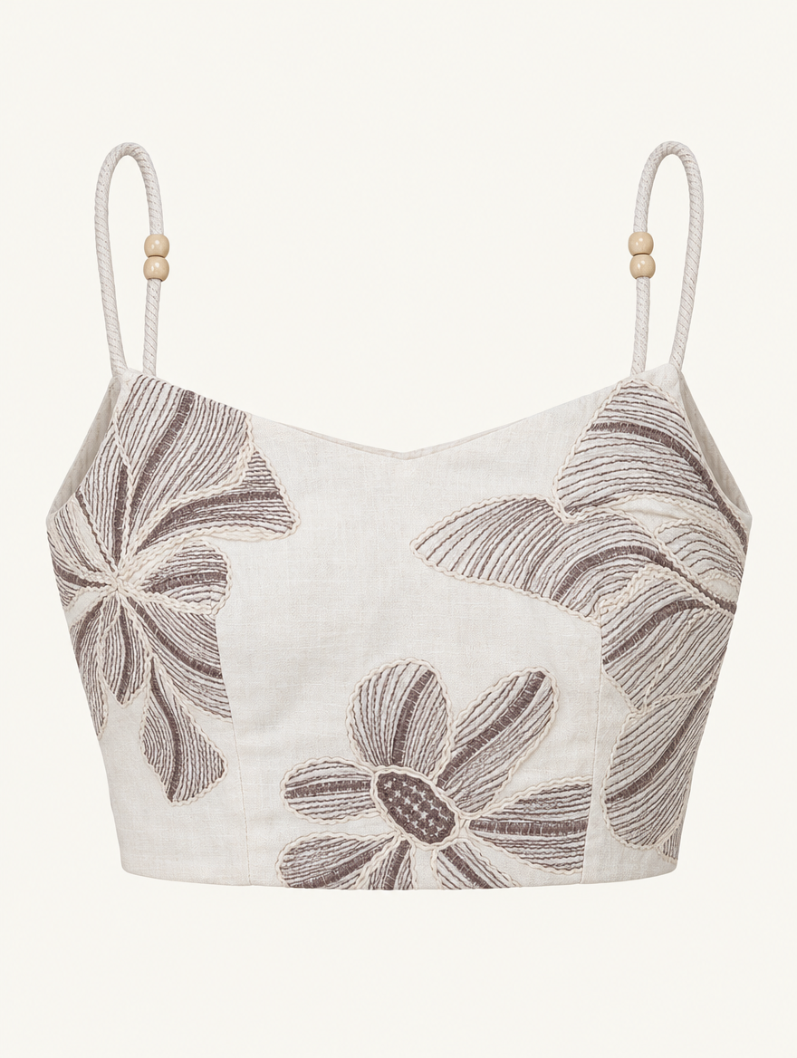 YUSHE Floral Embroidered Crop Top, White - Main - product only