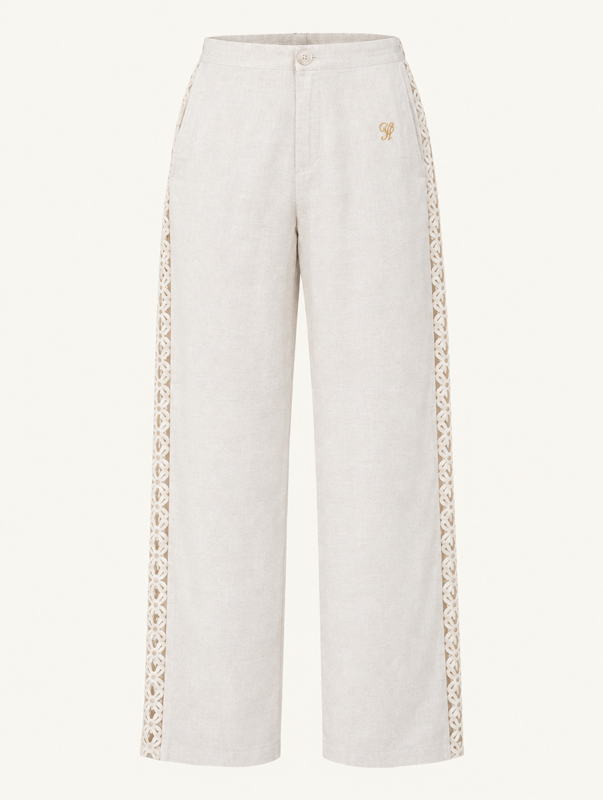 YUSHE Lace Cutout Wide-Leg Pants, Beige - Main - product only