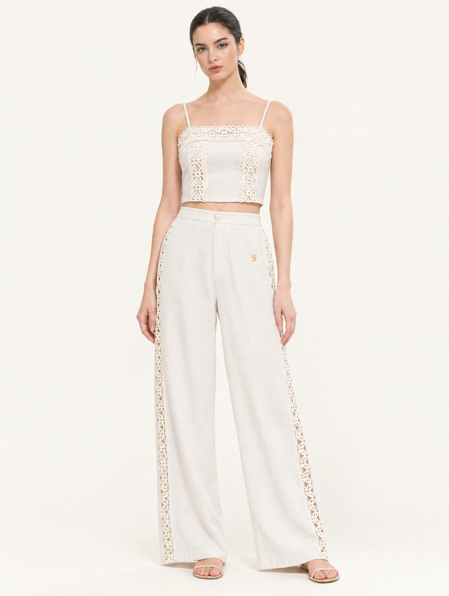 YUSHE Lace Cutout Wide-Leg Pants, Beige - Hover - model
