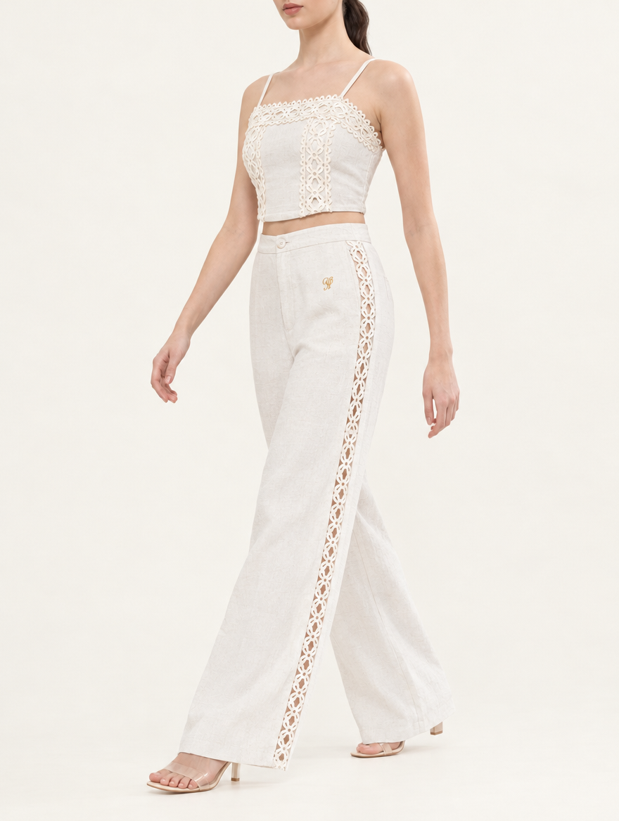 YUSHE Lace Cutout Wide-Leg Pants, Beige - Additional model angle