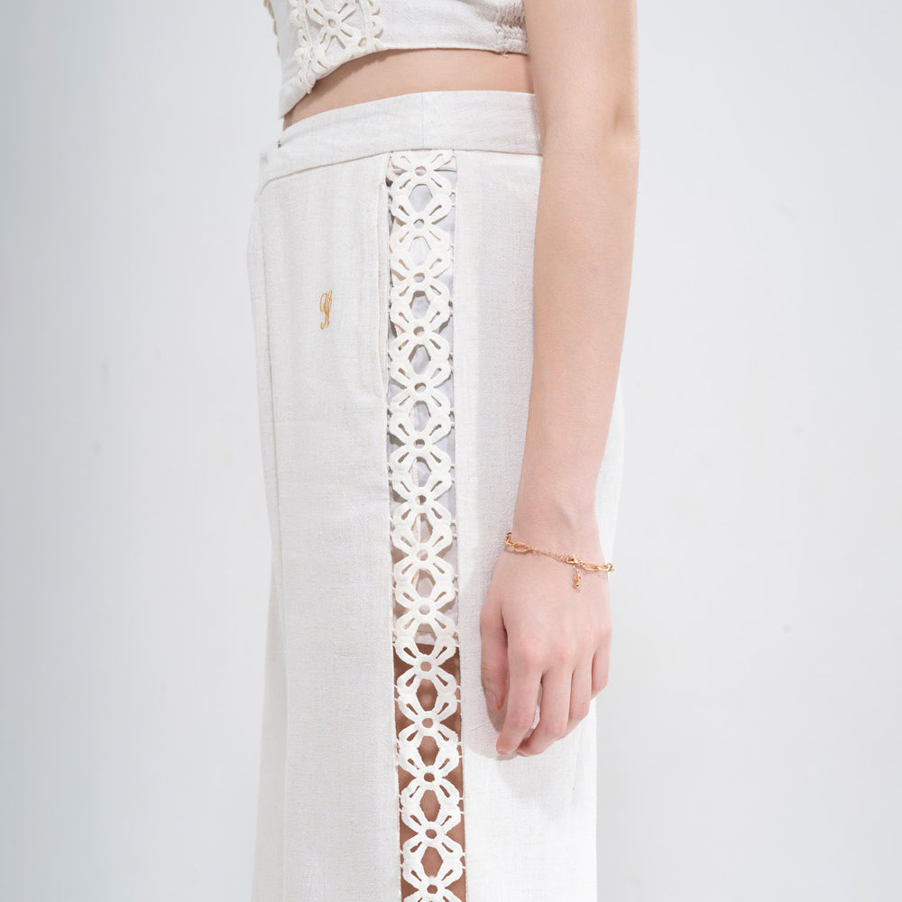 YUSHE Lace Cutout Wide-Leg Pants, Beige - Pocket and outer-leg lace