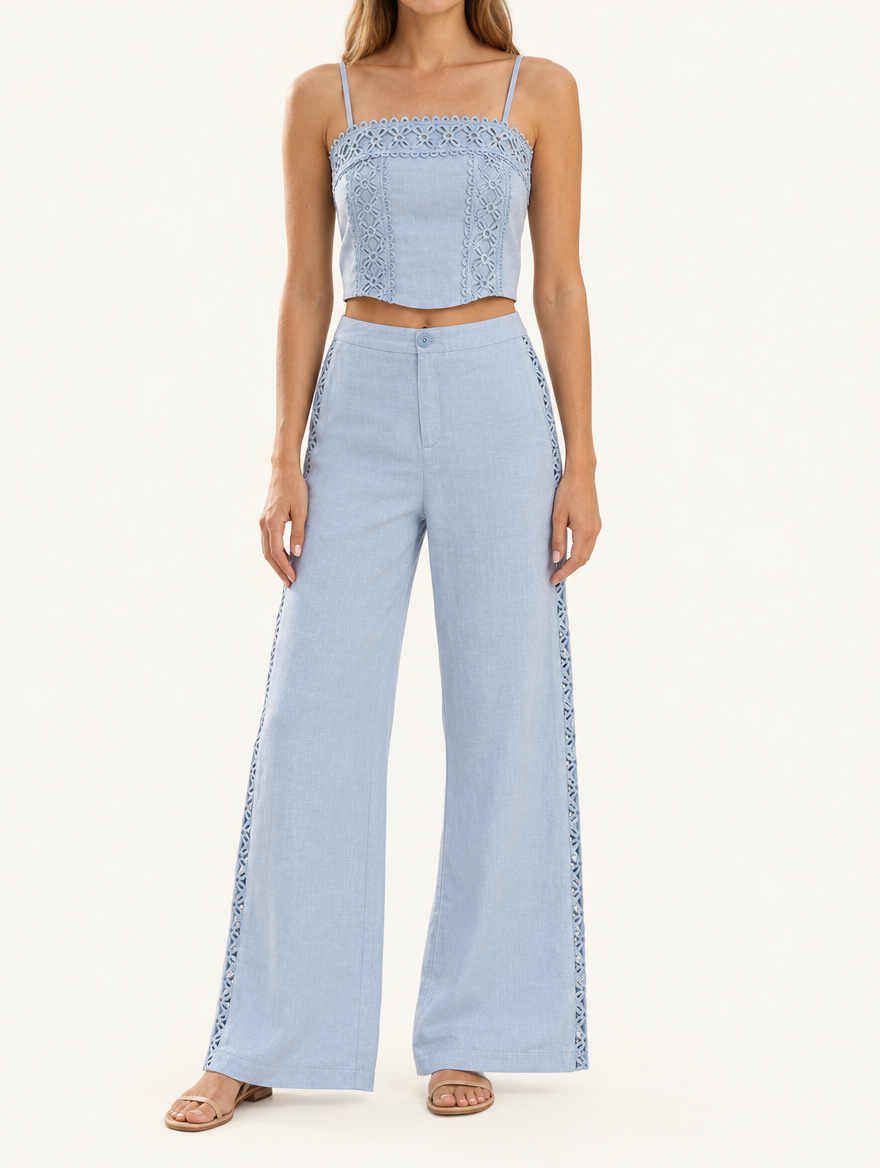 YUSHE Lace Cutout Wide-Leg Pants, Blue - Hover - model