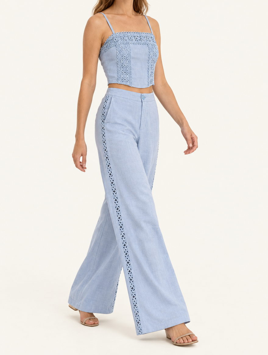 YUSHE Lace Cutout Wide-Leg Pants, Blue - Additional model angle