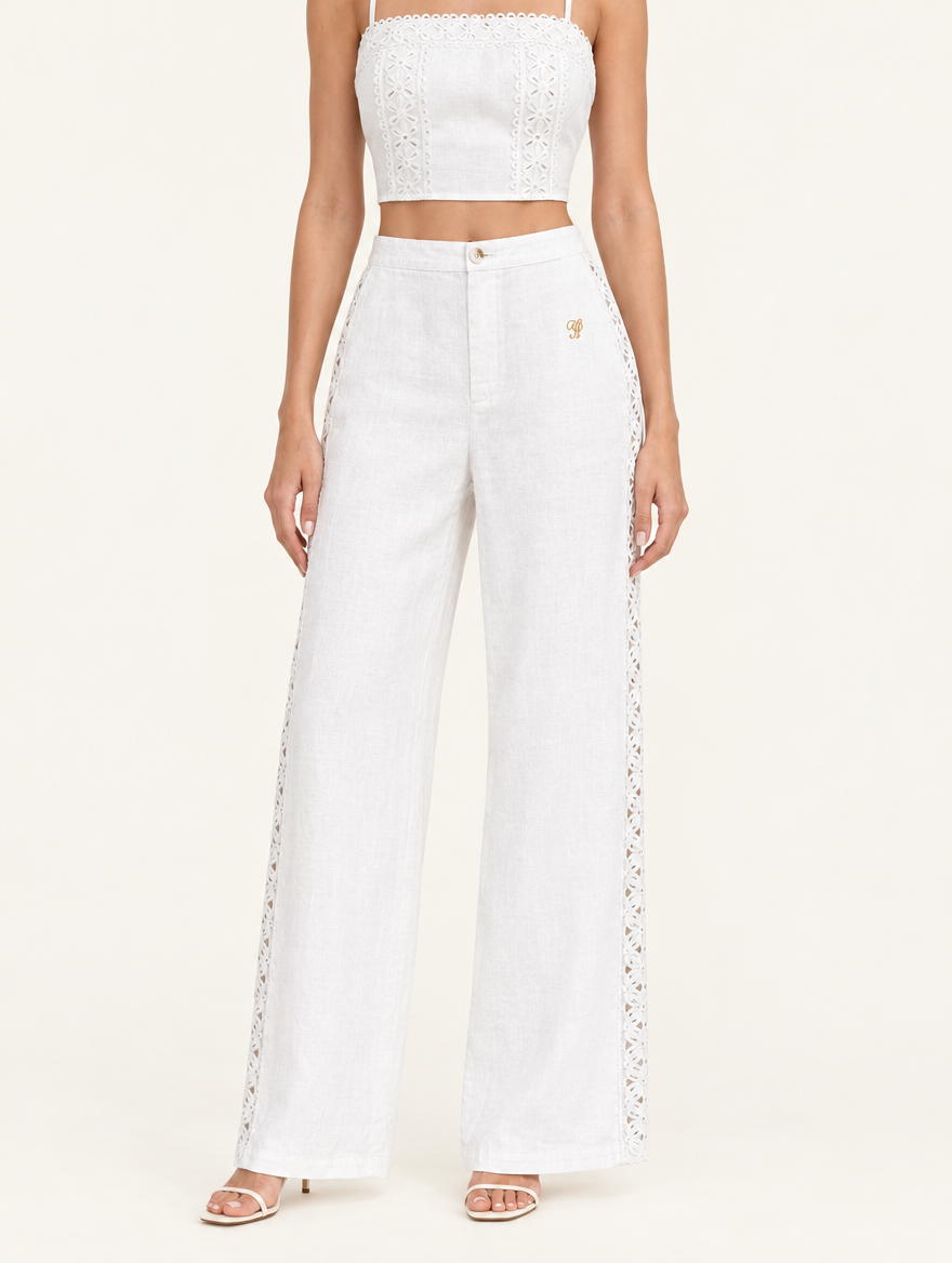 YUSHE Lace Cutout Wide-Leg Pants, White - Hover - model