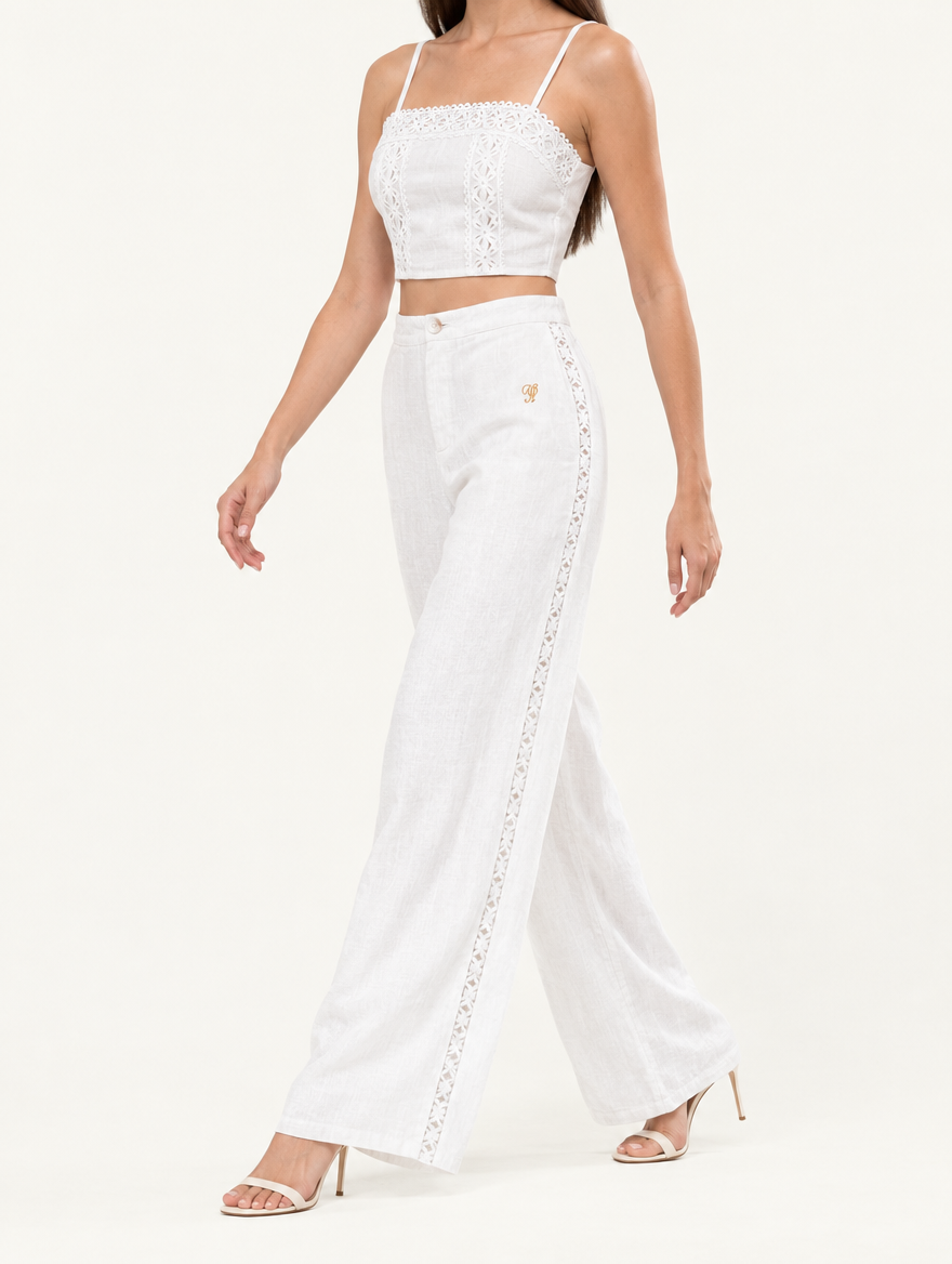 YUSHE Lace Cutout Wide-Leg Pants, White - Additional model angle
