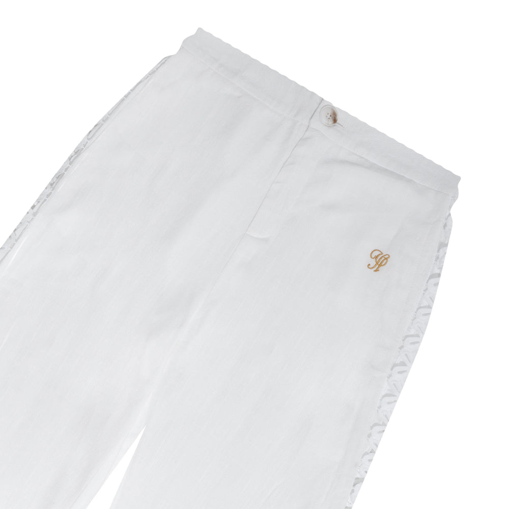 YUSHE Lace Cutout Wide-Leg Pants, White - Waist, button and pocket