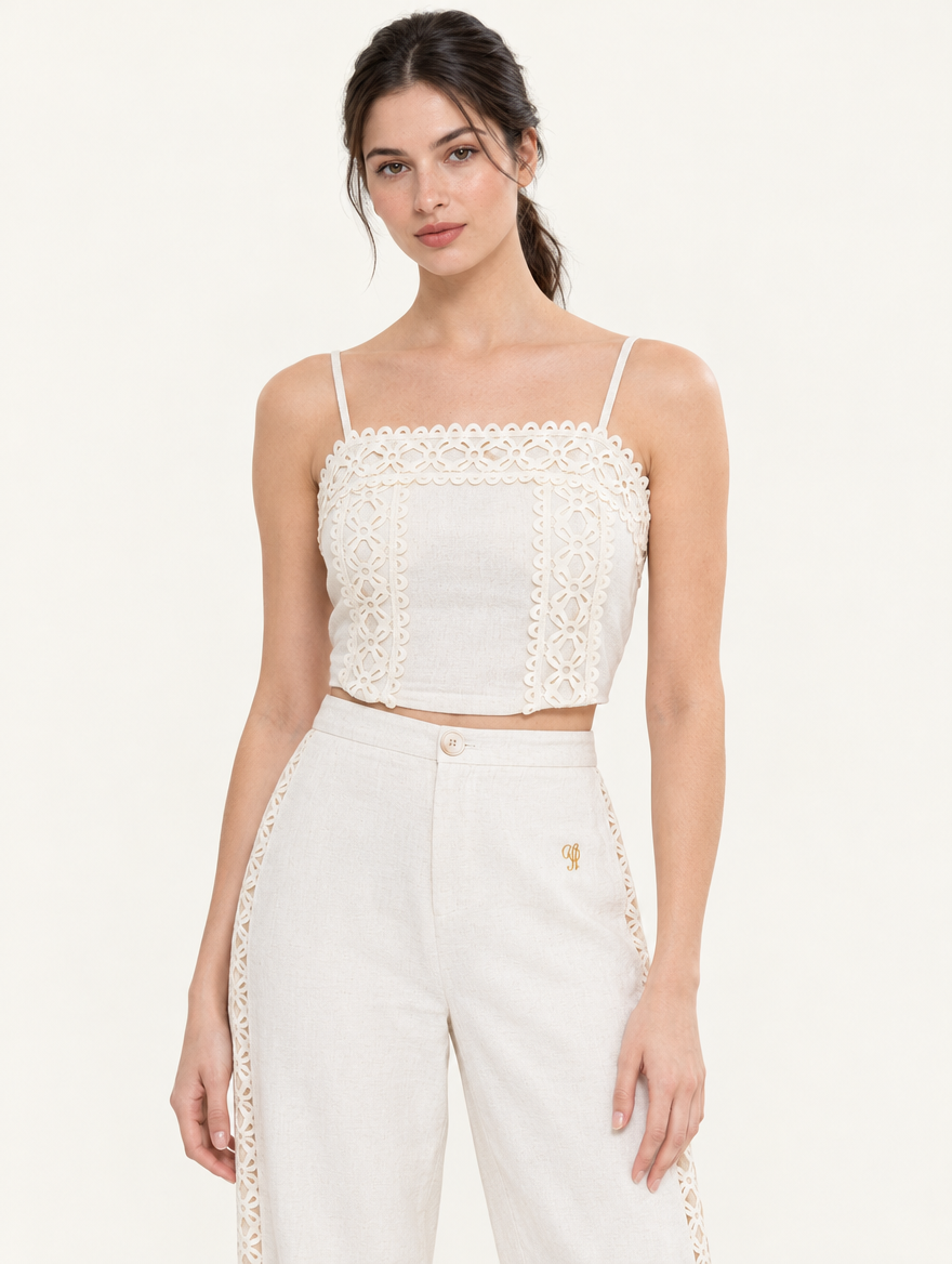 YUSHE Lace Cutout Crop Top, Beige - Hover - model