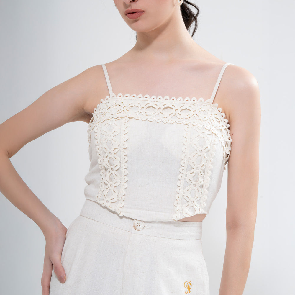 YUSHE Lace Cutout Crop Top, Beige - Original front fit
