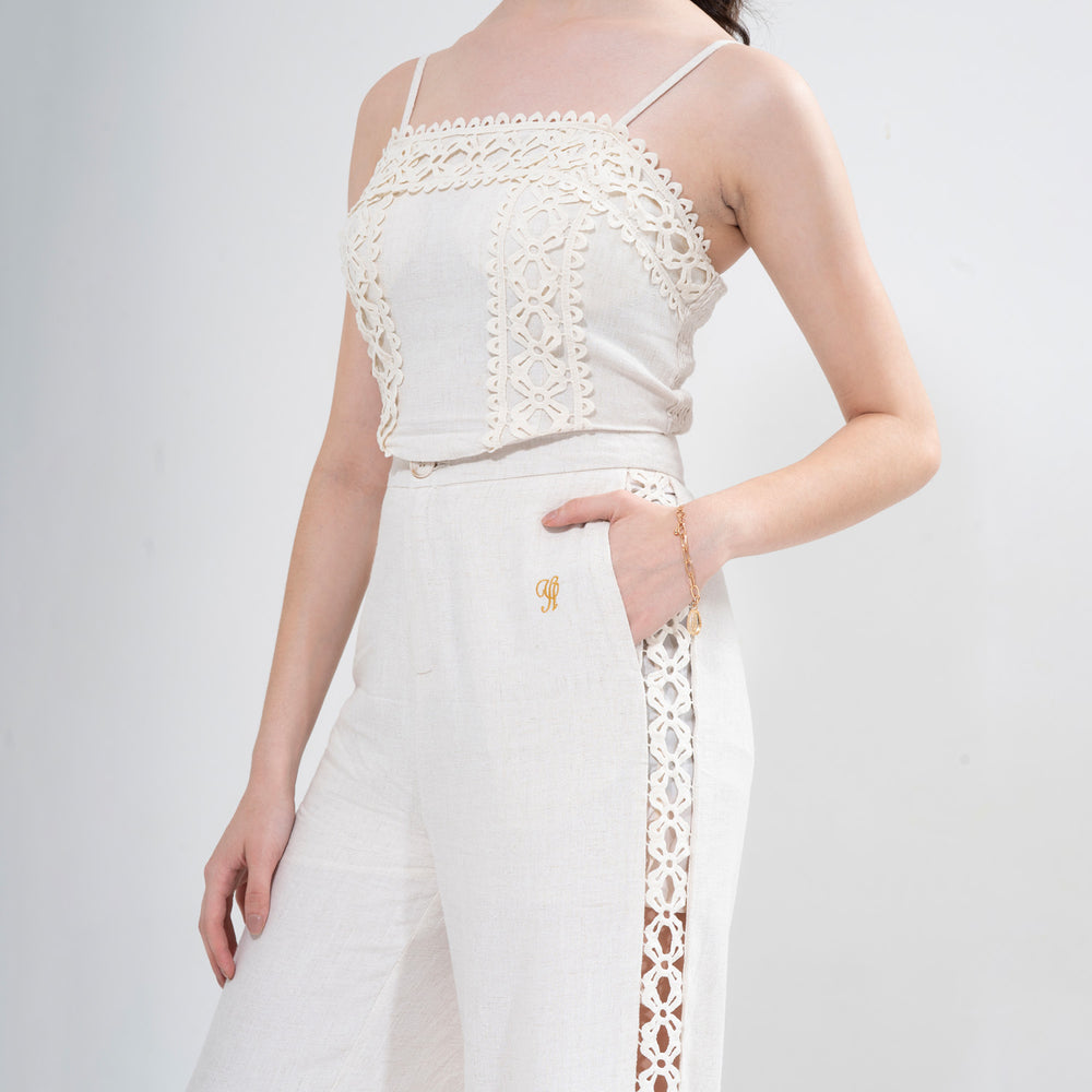 YUSHE Lace Cutout Crop Top, Beige - Top, waist and pocket detail