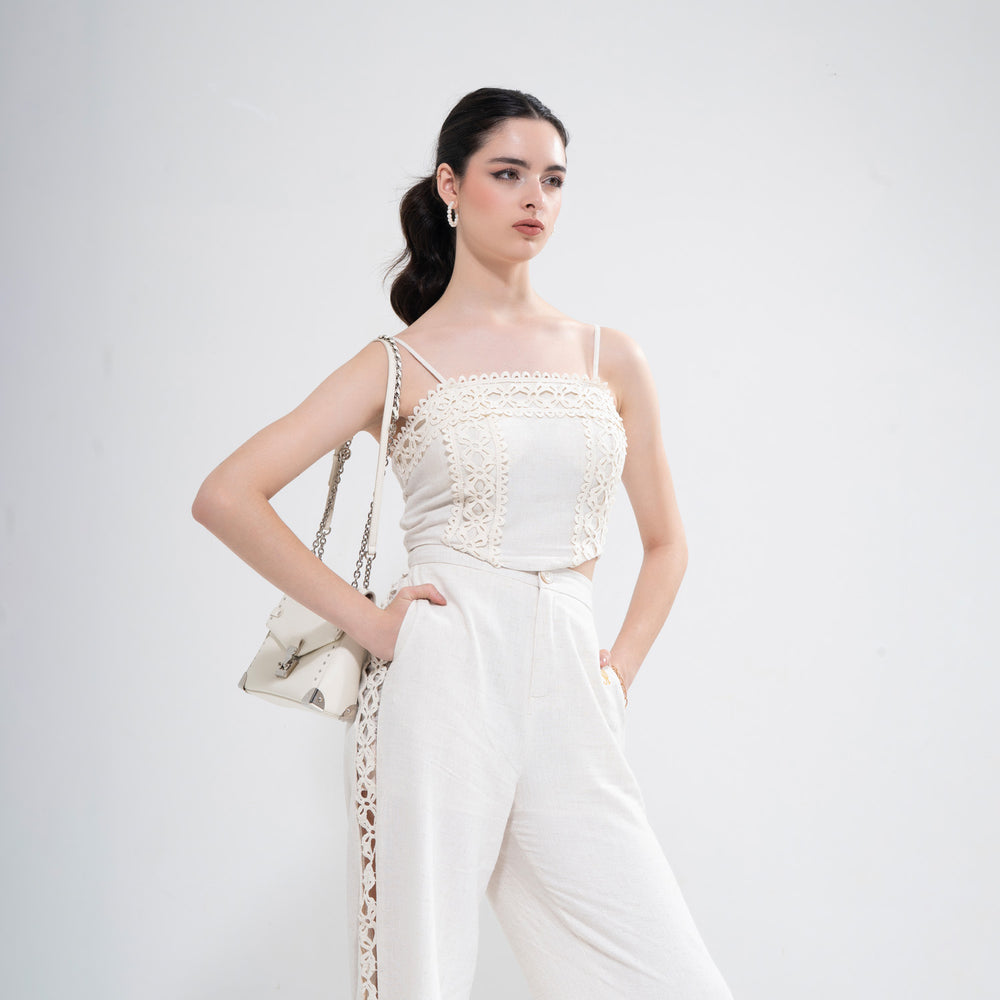 YUSHE Lace Cutout Crop Top, Beige - Hands-in-pockets studio view