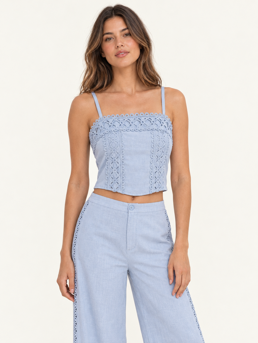 YUSHE Lace Cutout Crop Top, Blue - Hover - model