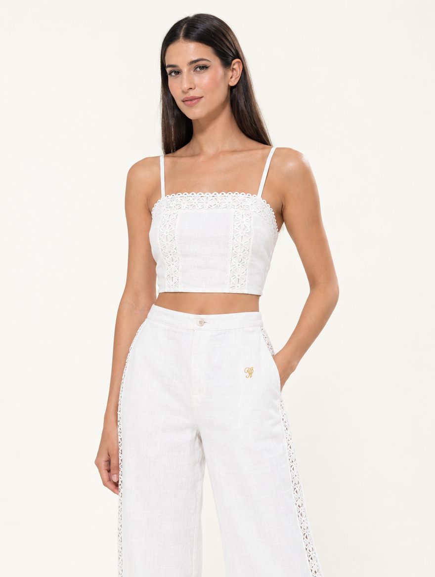 YUSHE Lace Cutout Crop Top, White - Hover - model