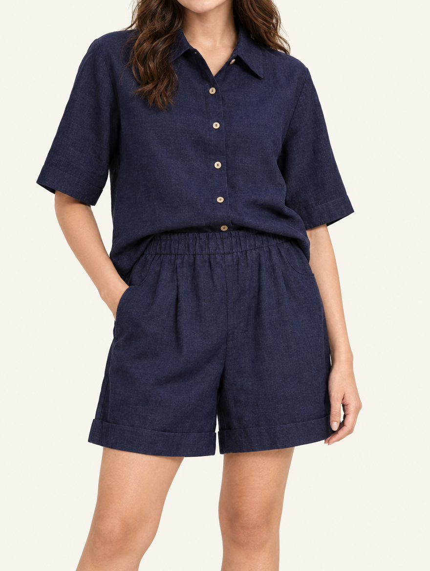 YUSHE Linen Shorts, Dark Blue - Hover - model