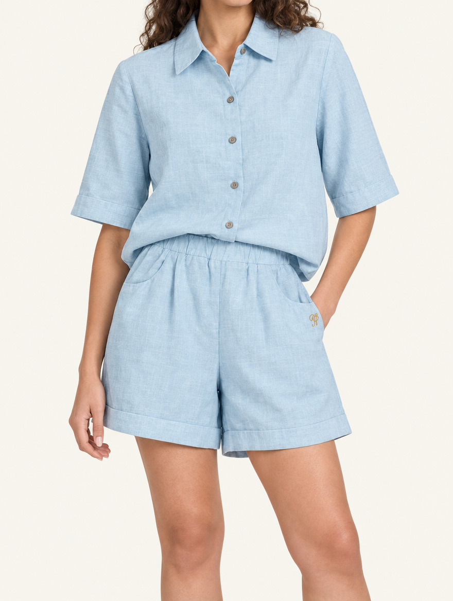 YUSHE Linen Shorts, Light Blue - Hover - model