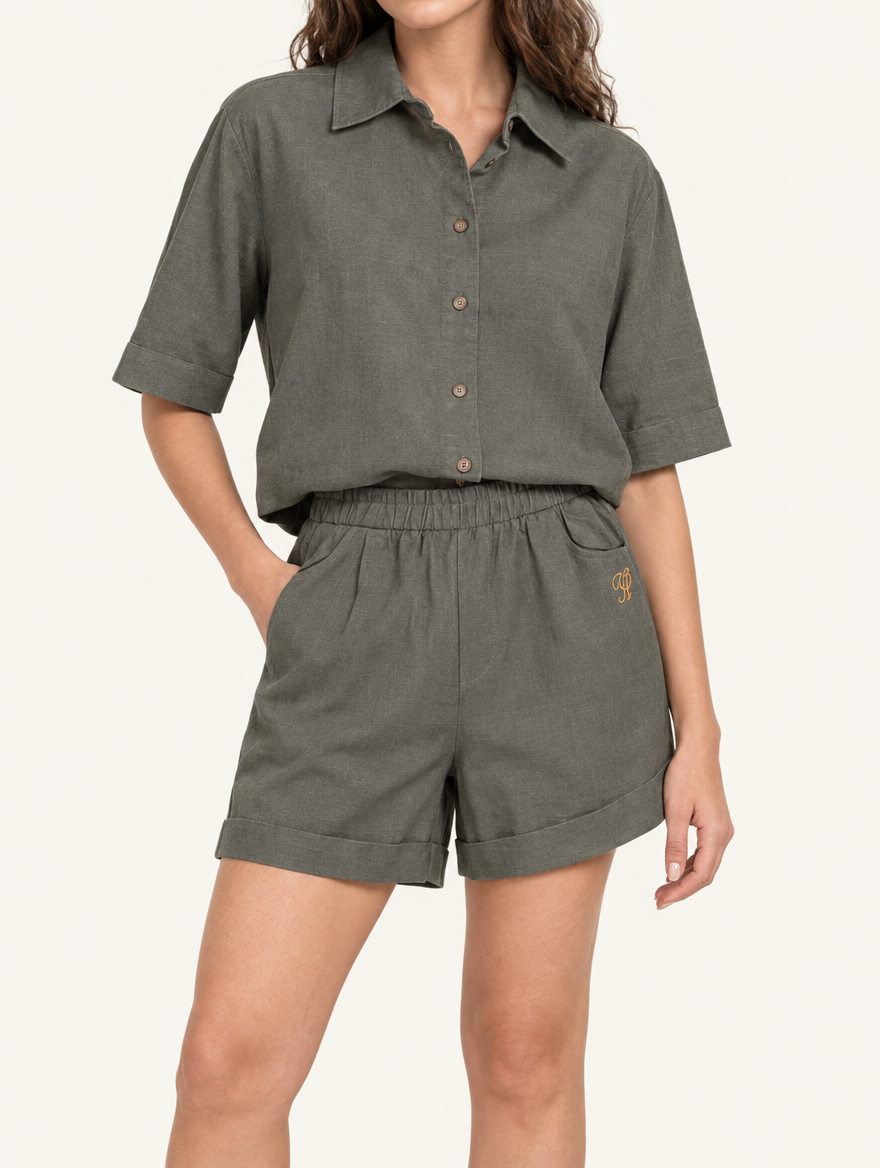 YUSHE Linen Shorts, Olive Green - Hover - model