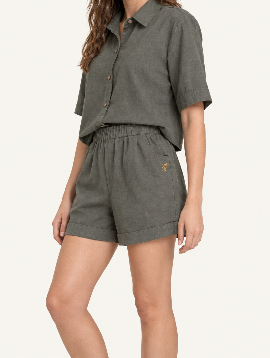 YUSHE Linen Shorts, Olive Green - Additional model angle