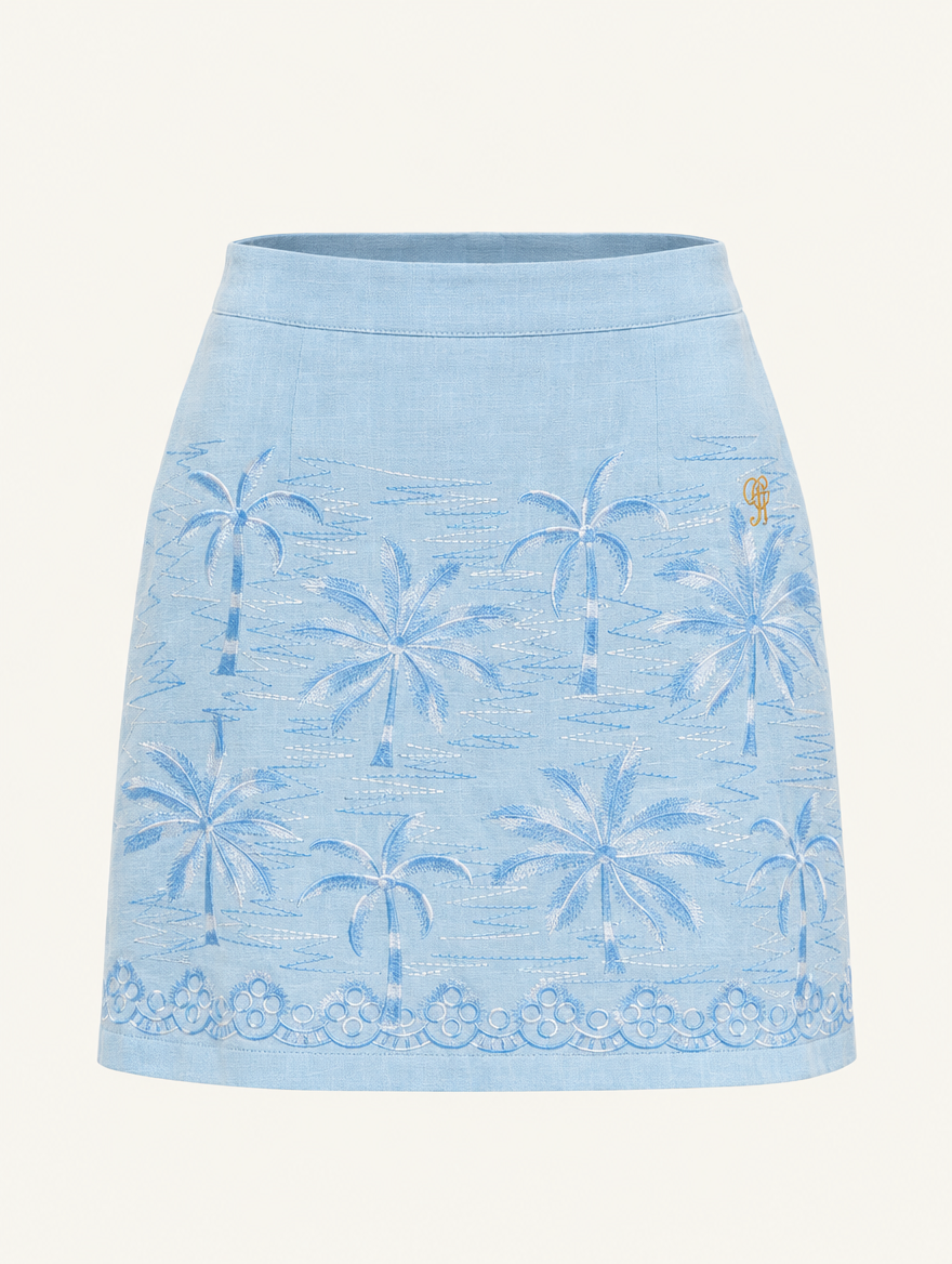 YUSHE Palm Tree Embroidered Mini Skirt, Blue - Main - product only