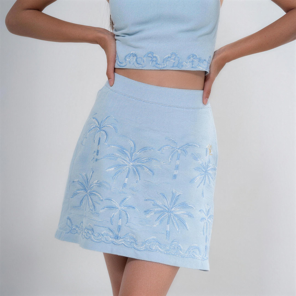 YUSHE Palm Tree Embroidered Mini Skirt, Blue - additional model view
